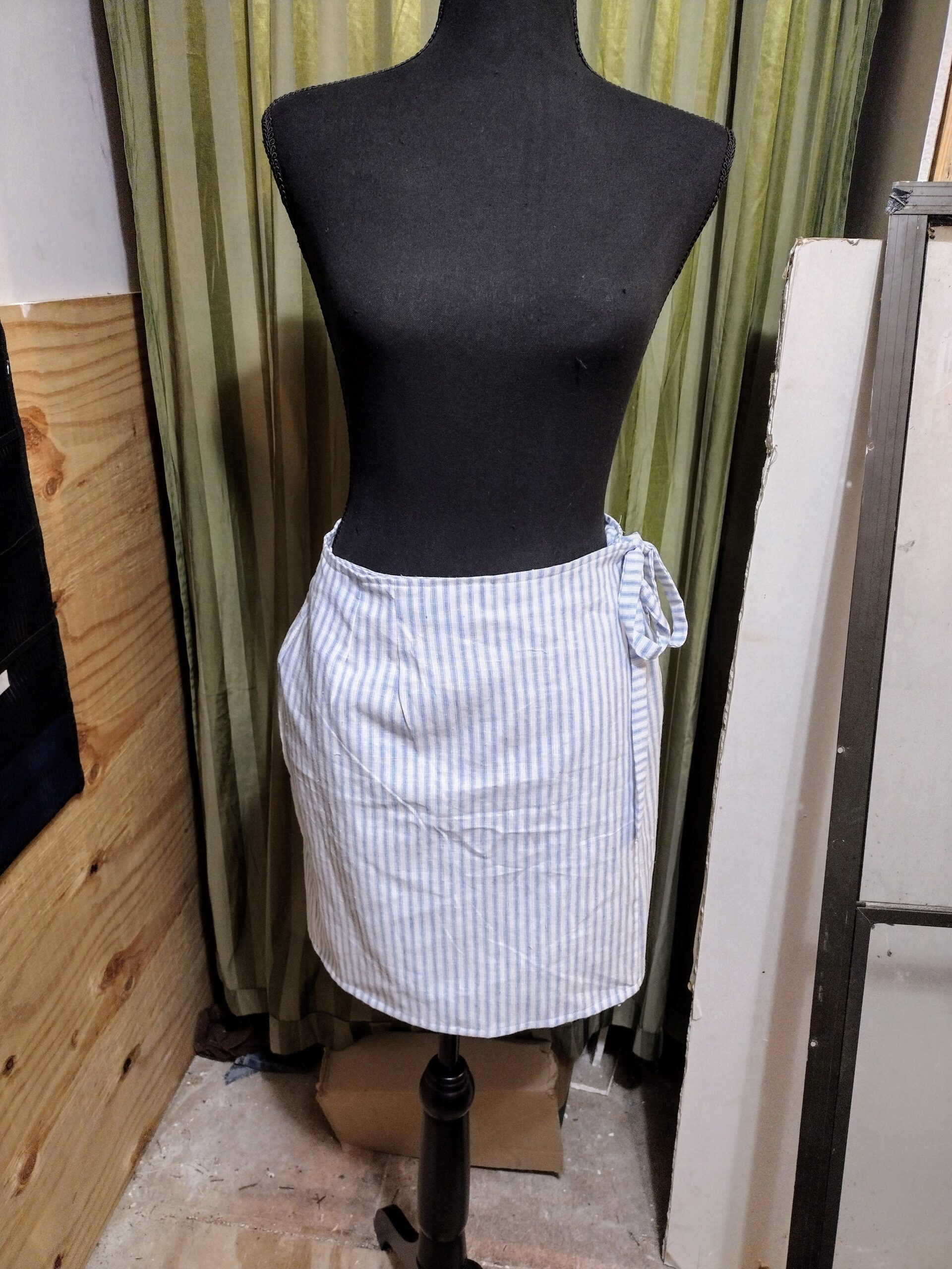 white and blue striped linen wrap skirt